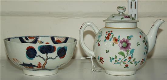 A Worcester polychrome teapot and cover, probably decorated in the atelier of James Giles, teapot damaged (3)
